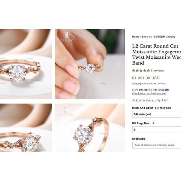 14k Gold- Moissanite Ring- Sz 6- Rose Gold 1.25 CT Fairytale Vine Twig Ring 2.7g - Picture 8 of 17